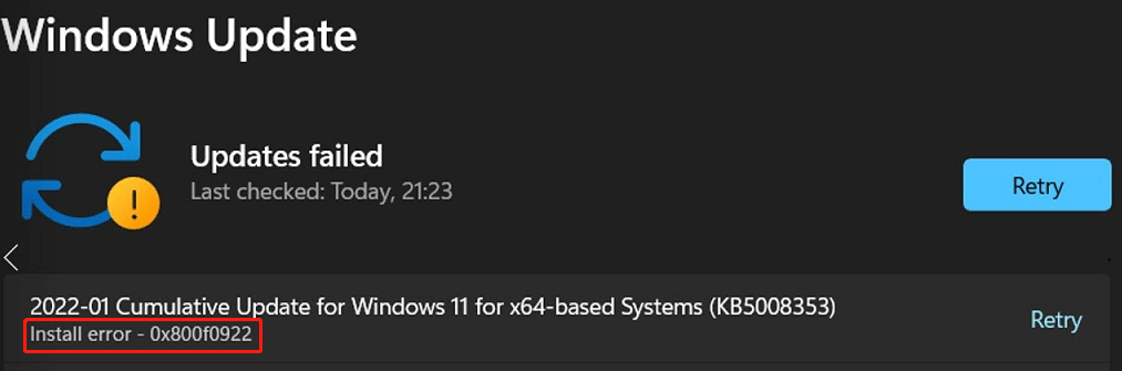 Windows 11インストールエラー 0x800f0922