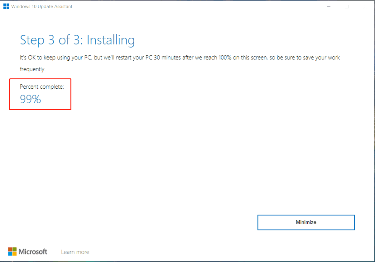 Windows 10更新アシスタントカードは99%で止まる