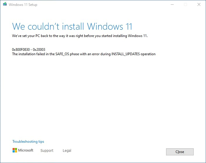Windows 11のインストールに失敗する（エラーコード: 0x800F0830-0x20003）