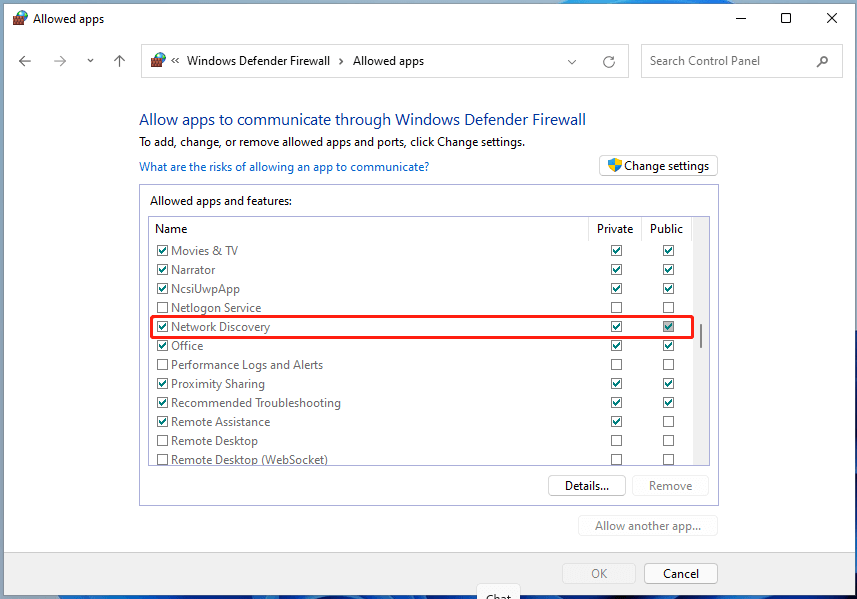 Windows Defender ファイアウォールを介したネットワーク検出を許可する