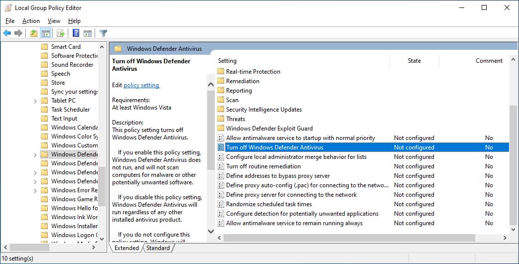 ダブルクリックして「Windows Defender ウイルス対策をオフにする」を選択します。