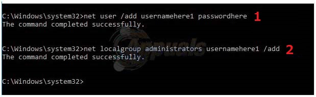net user /add usernamehere passwordhereとnet localgroup administrators usernamehere /add
