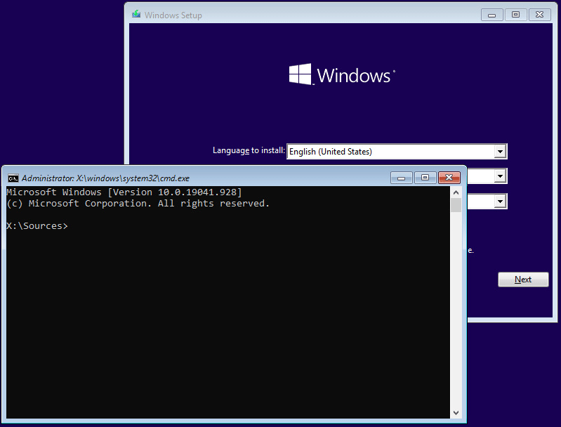 Windowsセットアッププロセス中にコマンドプロンプトを起動する