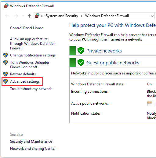 WindowsDefenderファイアウォールの詳細設定