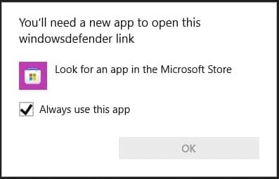 このwindowsdefenderのリンクを開くには新しいアプリが必要です