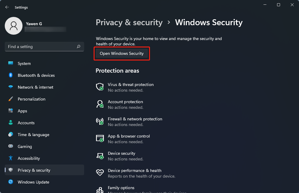 [Windowsセキュリティを開く]をクリックします